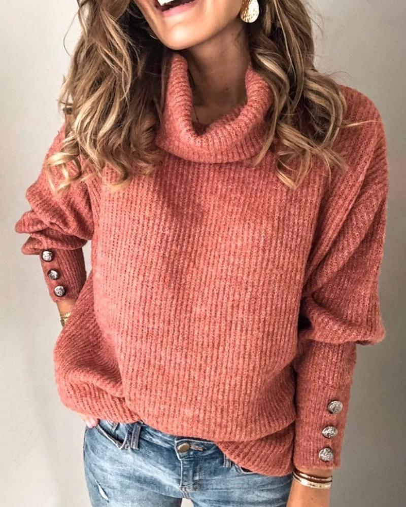 

Solid High Neck Popper Cuff Long Sleeve Ribbed Knitting Sweater, Red