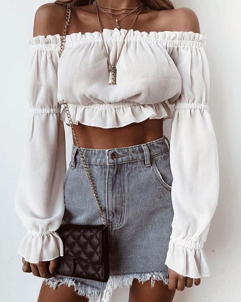 

Off Shoulder Frill Hem Crop Top, White
