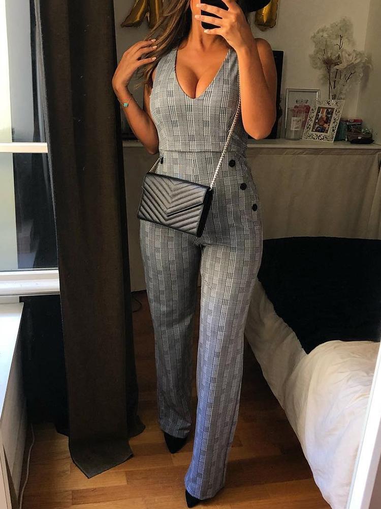 

Plaid Print Side Button Design Jumpsuit, Gray
