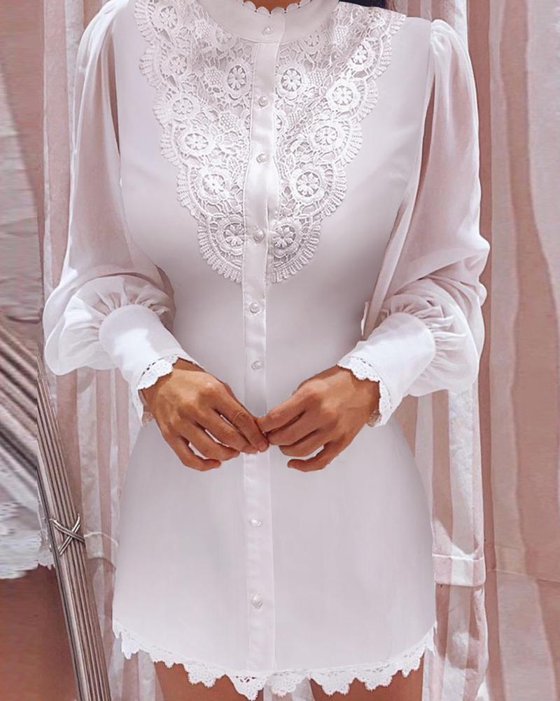 

Sheer Mesh Puff Sleeve Guipure Lace Button Front Shirt Dress, White