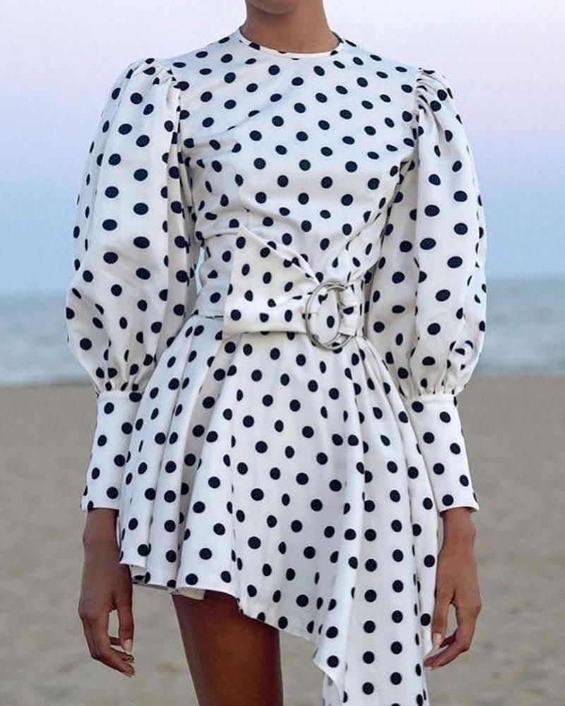 

Polka Dot Lantern Sleeve Irregular Hem Dress