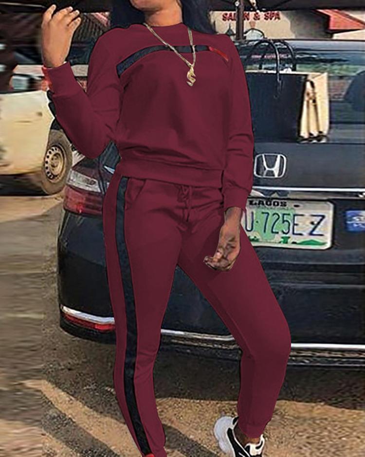 

Side Stripes Long Sleeve Drawstring Tracksuits, Wine red