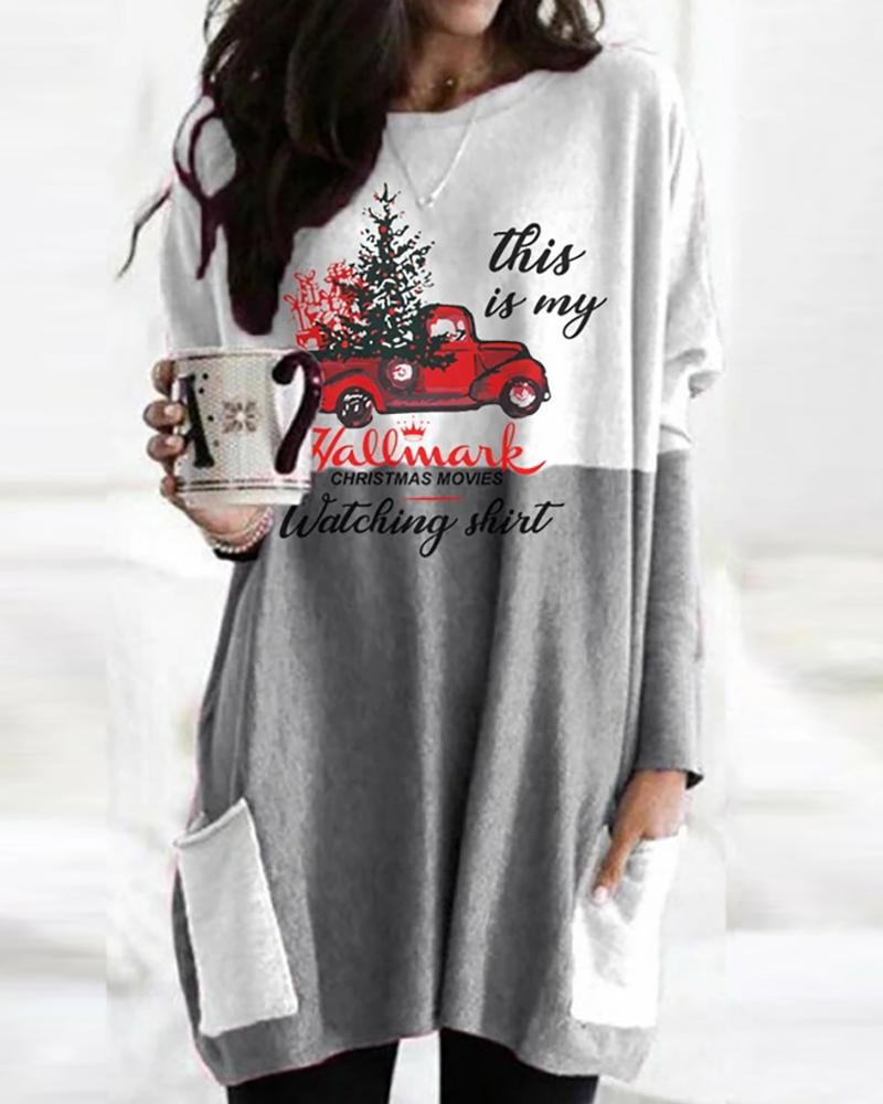 

Christmas Letter Car Print Colorblock Casual Top, Gray