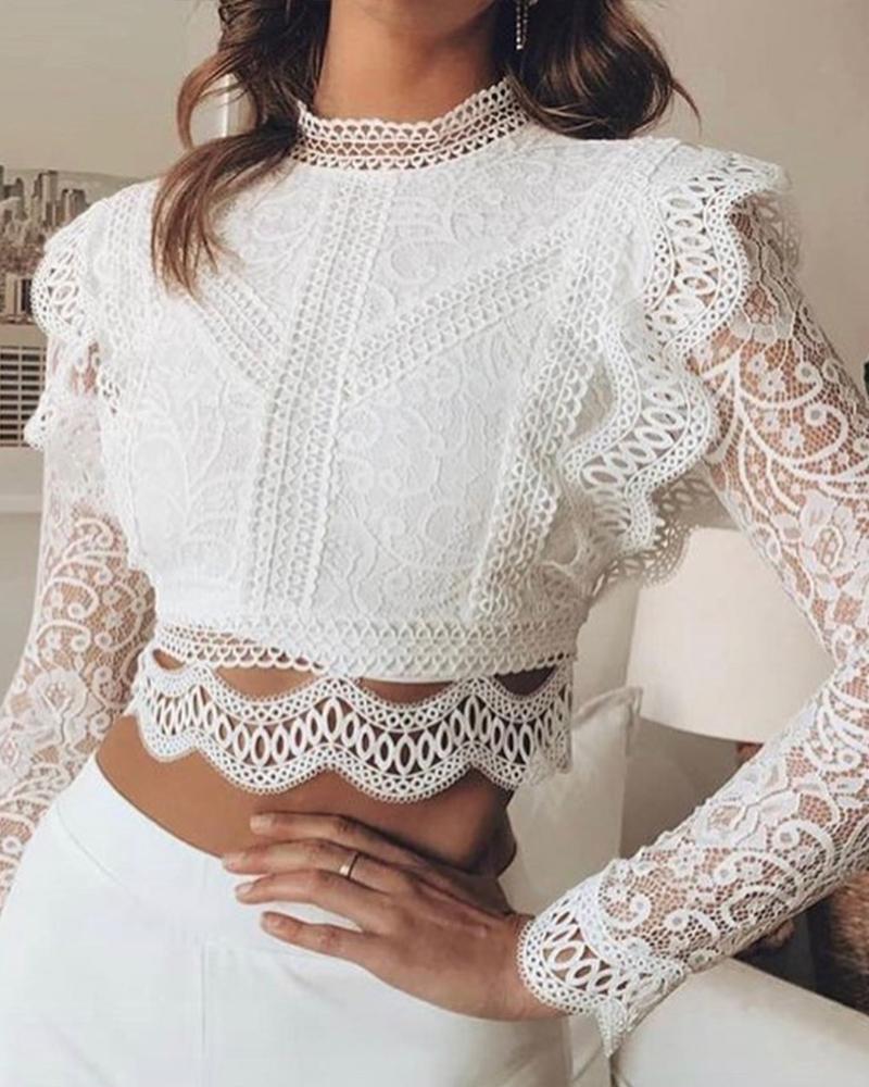 

Round Neck Lace Crop Top, White