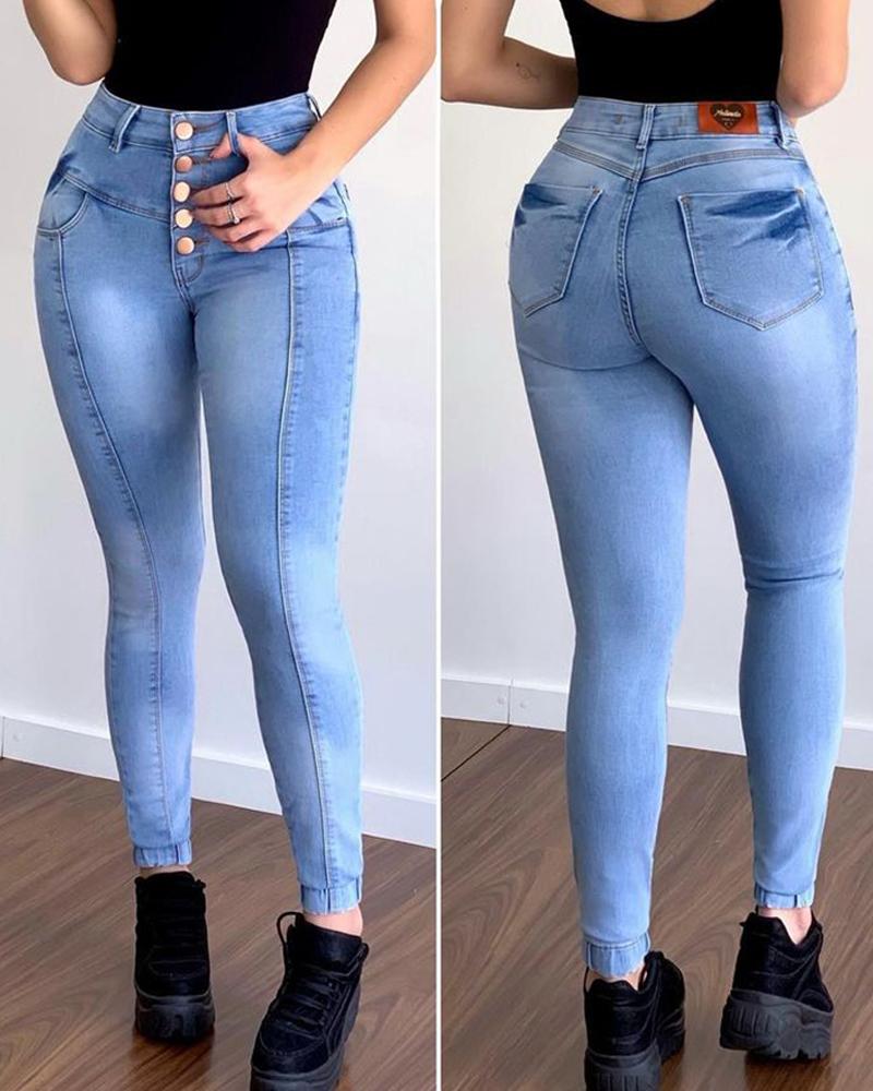 

Button Pocket Design High Waist Jeans, Blue