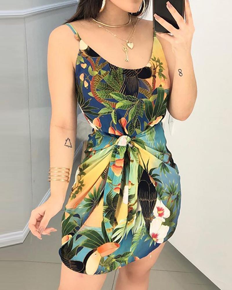

Botanical Print Spaghetti Straps Waist Tie Mini Dress