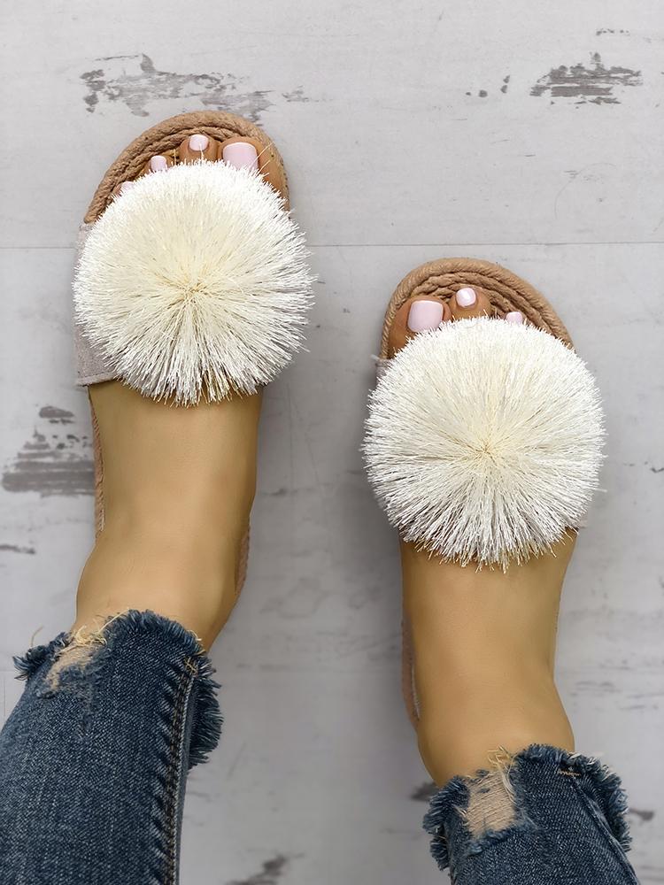 

Fluffy Ball Embellished Flat Sandals, Beige