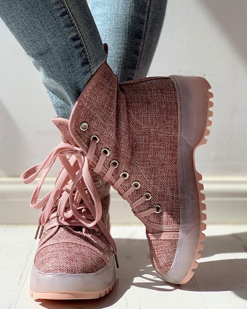 

Solid PU Lace-Up Chunky Heels, Pink