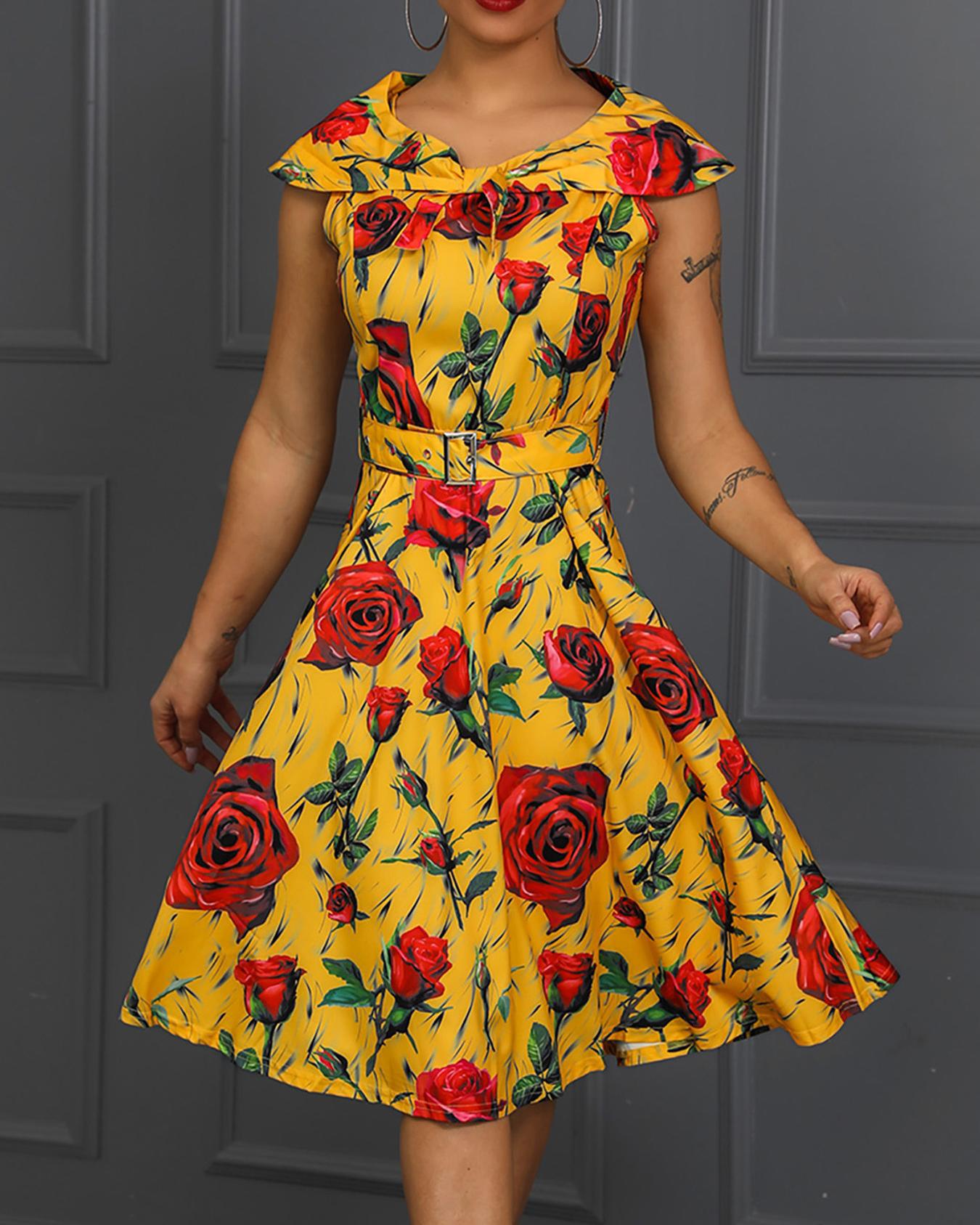 

Rose Print Pleated Belted Dress