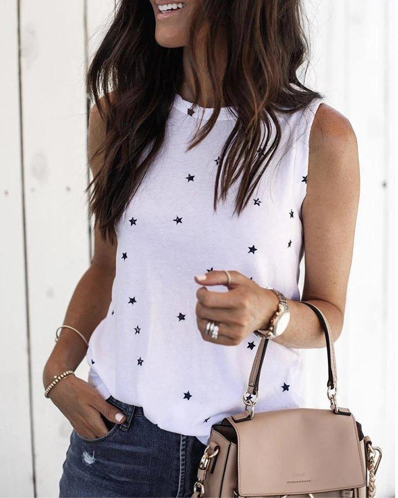 

Round Neck Stars Print Sleeveless Casual T-shirt, White