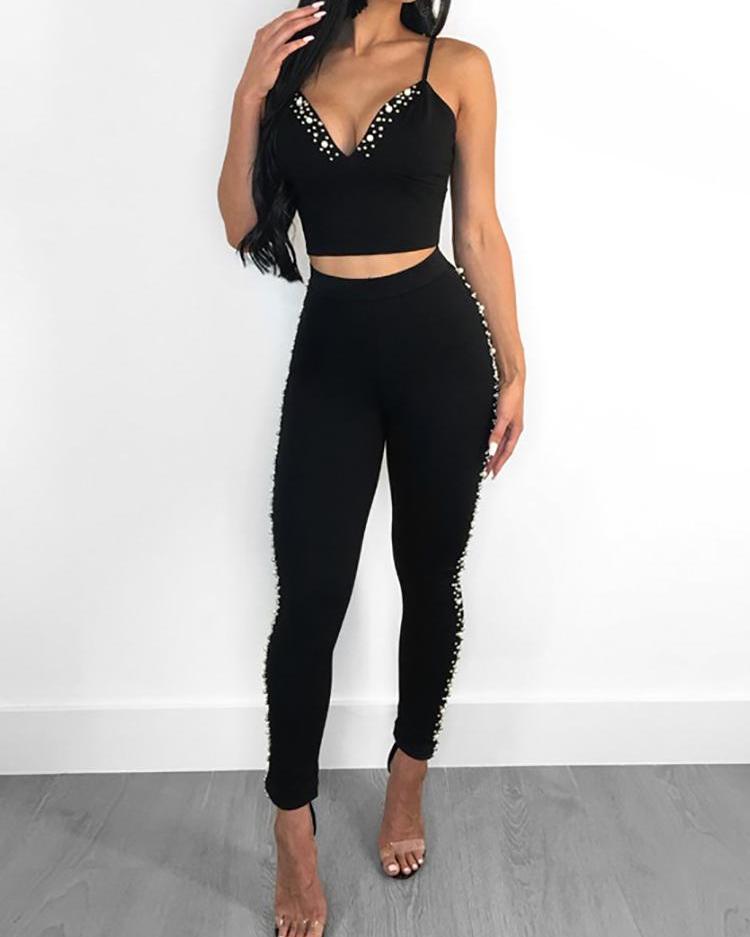 

Beaded Embellished Cami Top & Slinky Pants Set, Black