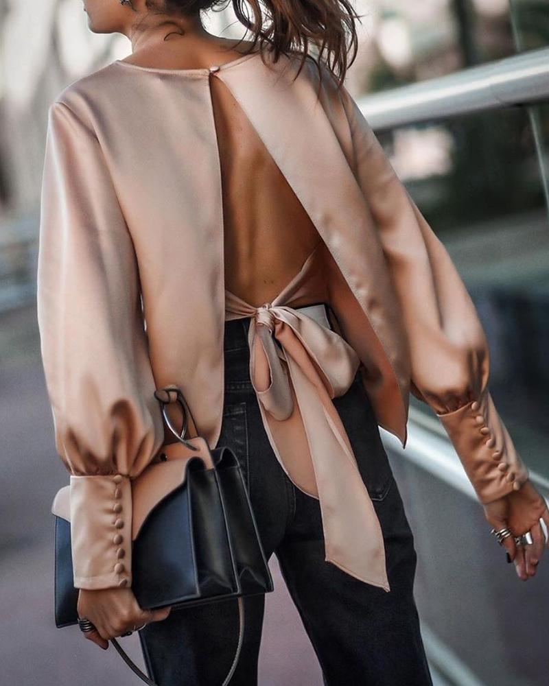 

Long Sleeve Knot Back Blouse, Nude