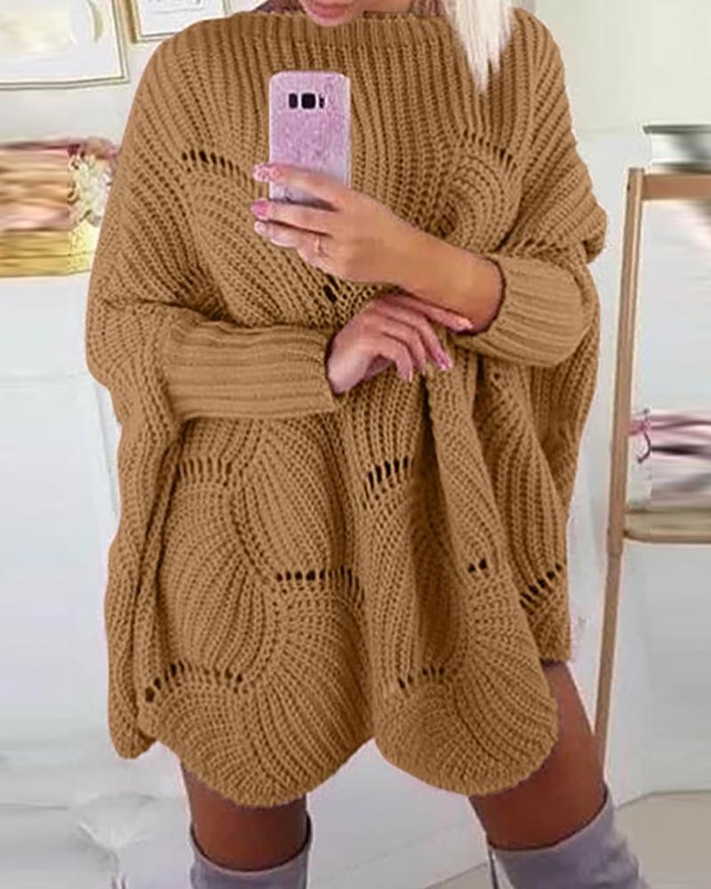 

Solid Hollow Out Batwing Sleeve Knit Sweater Dress, Khaki