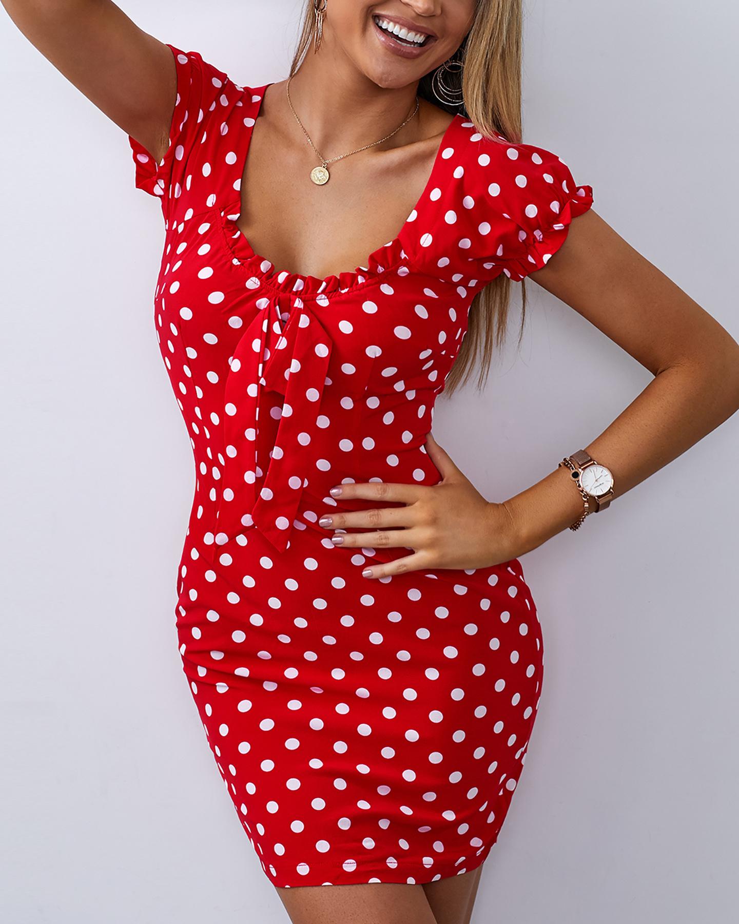 

Polka Dot Bowknot Front Bodycon Dress, Red