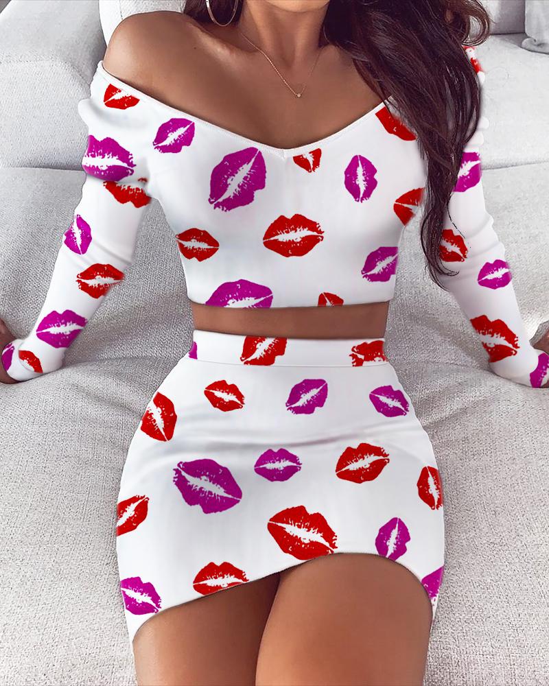 

Lip Print Crop Top & Skirt Sets, White