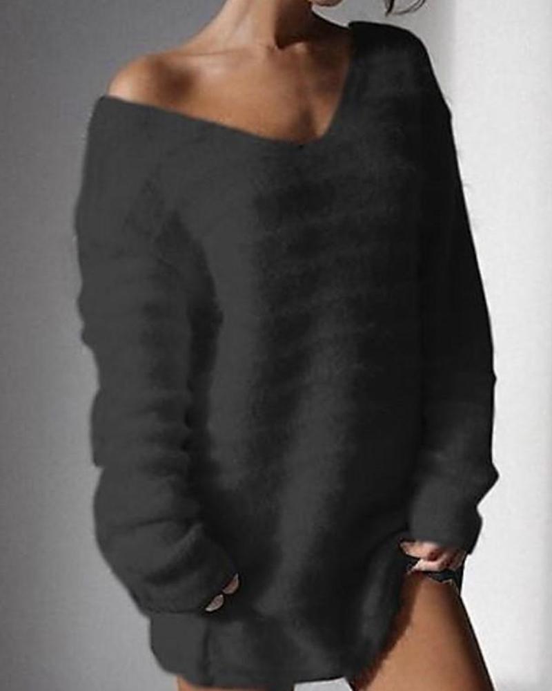 

Solid Long Sleeve V Neck Fluffy Sweater, Black