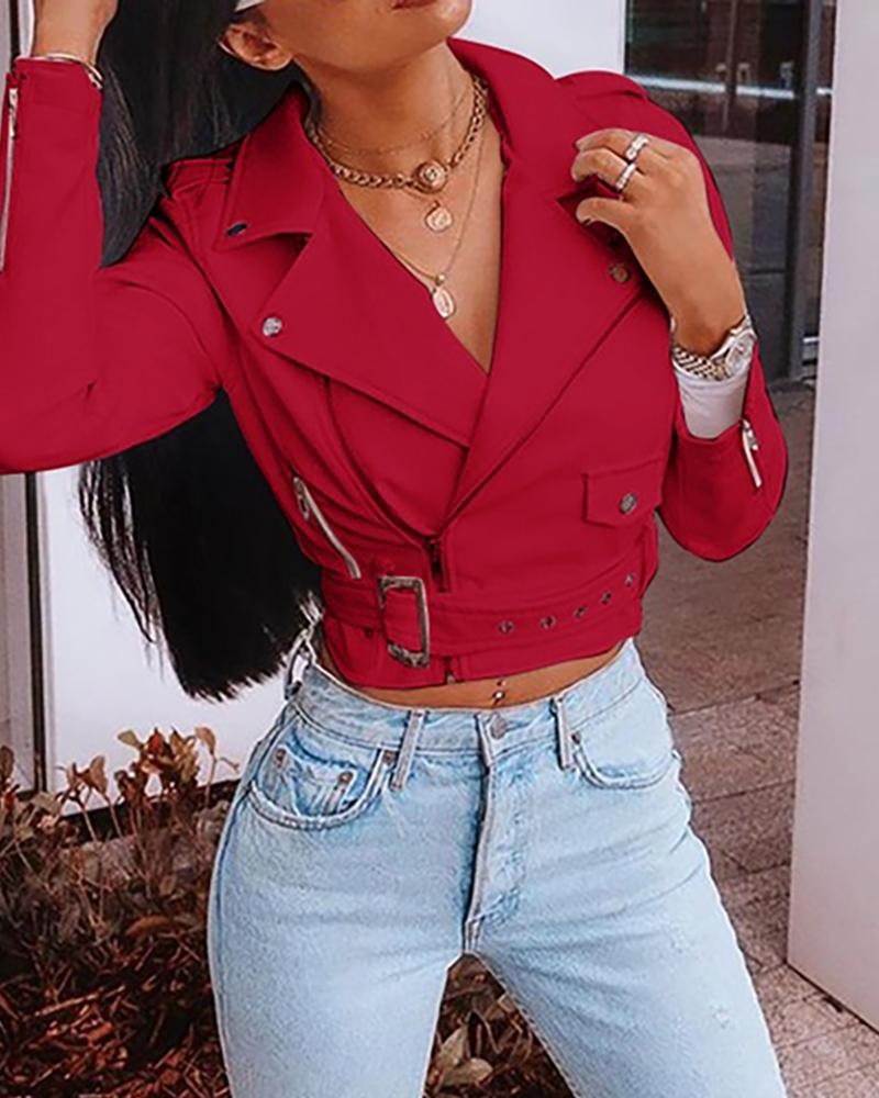 

Zipper Design Solid Leather PU Jacket, Red