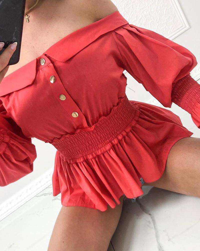 

Tight Waist Off Shoulder Lantern Sleeve Buttoned Blouse, Red