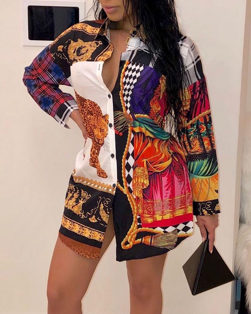 

Mixed Print Colorblock Insert Shirt Dress, Multicolor