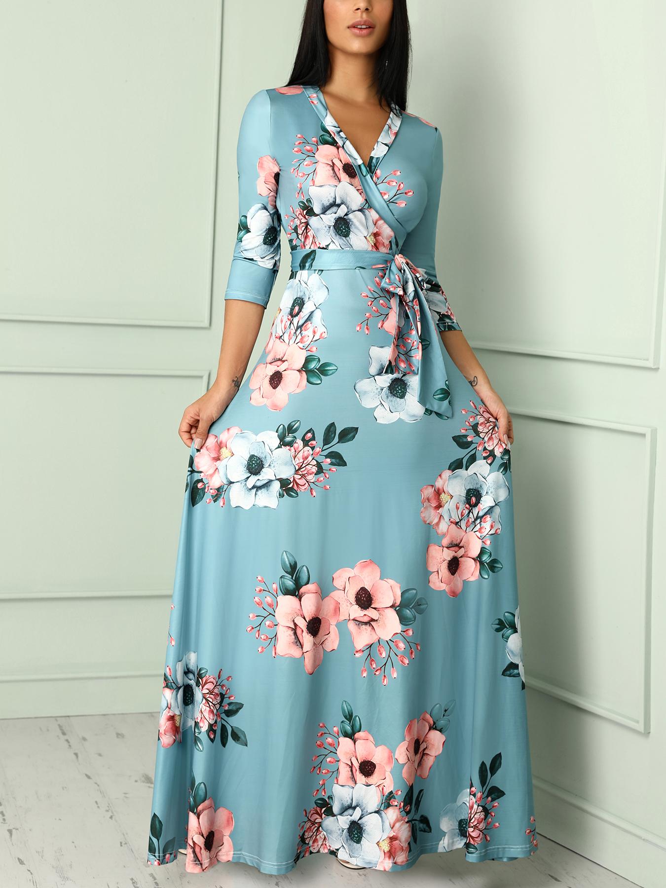 

Floral Print Deep V Wrapped Belted Maxi Dress, Light blue