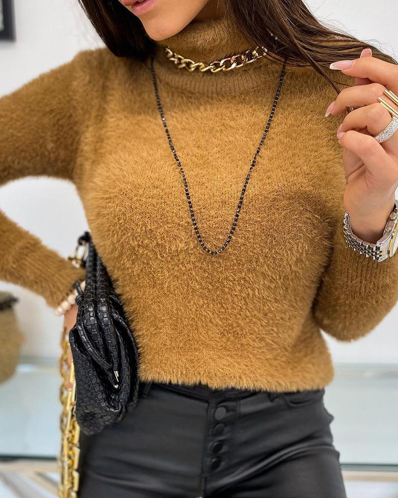 

Plain Fluffy Long Sleeve Sweater, Brown