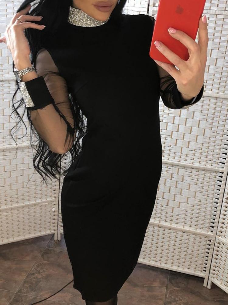 

Studded Mesh Sleeve Party Dress