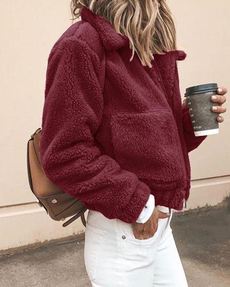 

Solid Turn-down Collar Pocket Fluffy Coat, Red