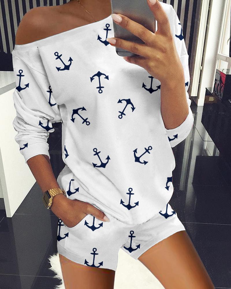 

Long Sleeve Boat Anchor Print Top & Shorts Set, White