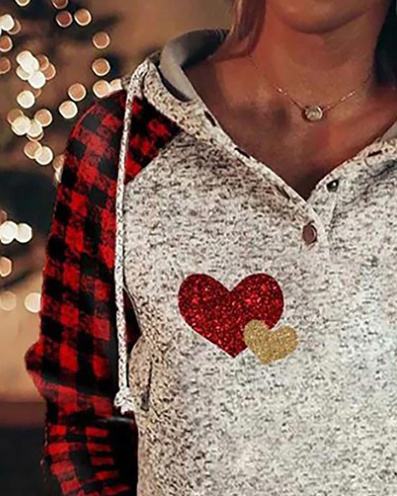 

Letter/ Heart Plaid Print Long Sleeve Hoodie, Style2