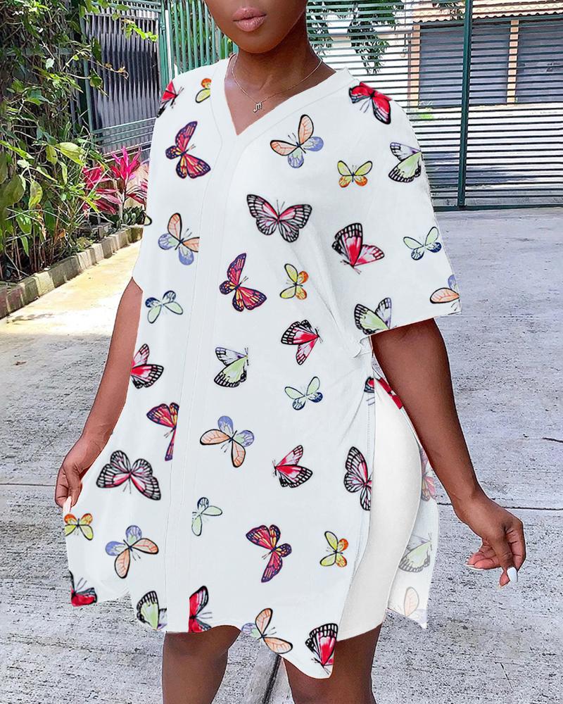 

Butterfly Print Batwing Sleeve Slit Top & Shorts Set, White