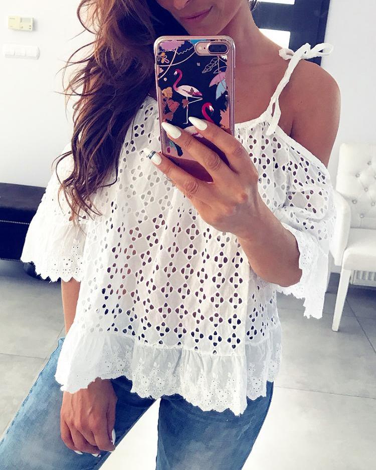 

Cold Shoulder Hollow Out Casual Blouse, White