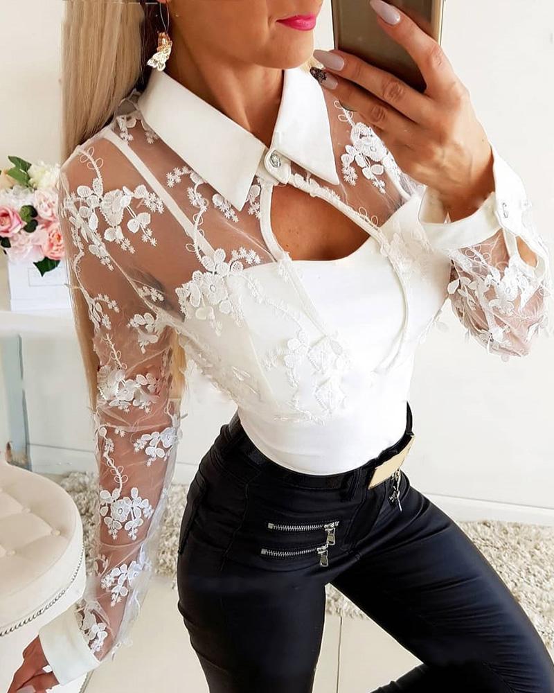 

Floral Embroidery Mesh Yoke Blouse, White