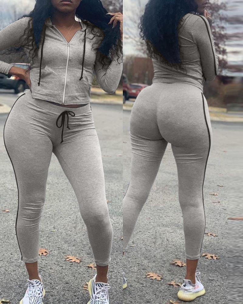 

Zipper Design Hooded Top & Drawstring Pants Sets, Gray
