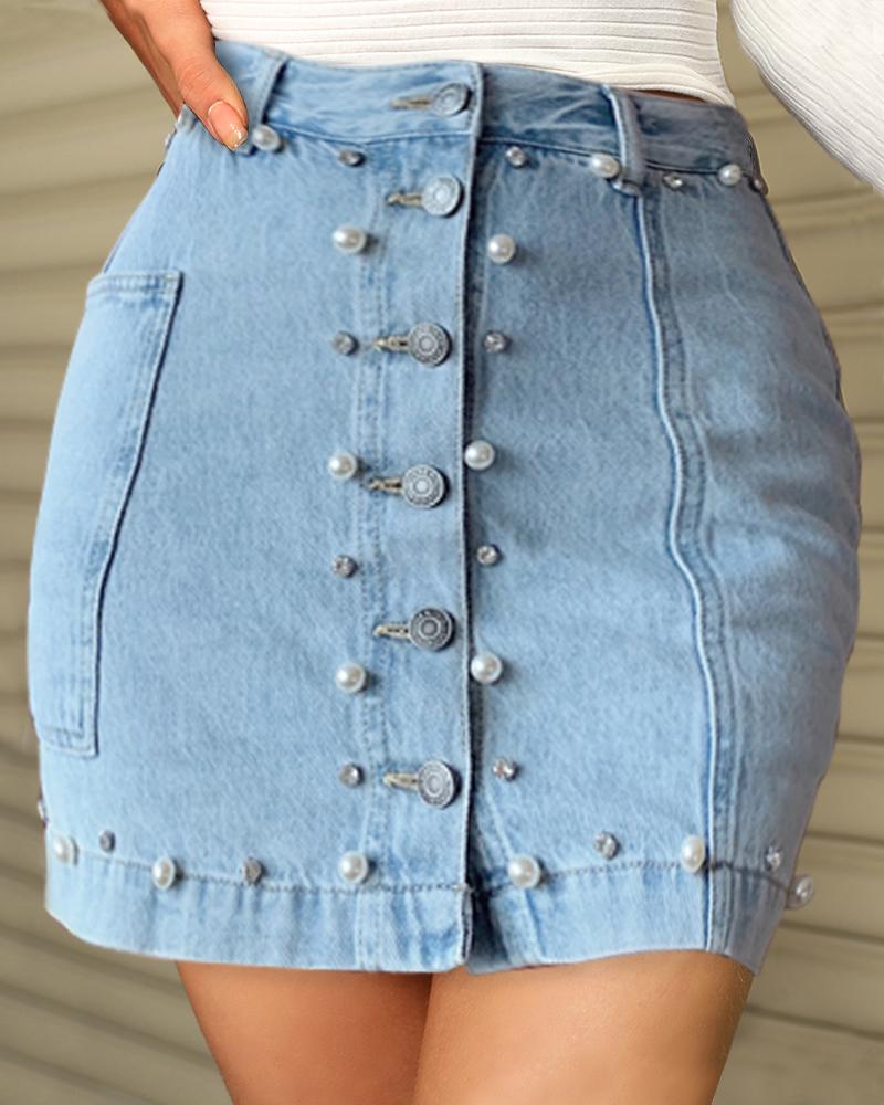 

Beaded Button Pocket Design Denim Skirt, Blue