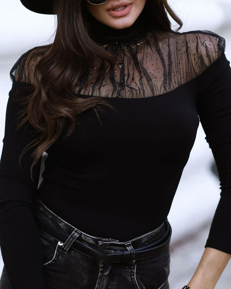 

High Neck Studded Sheer Mesh Casual Top, Black