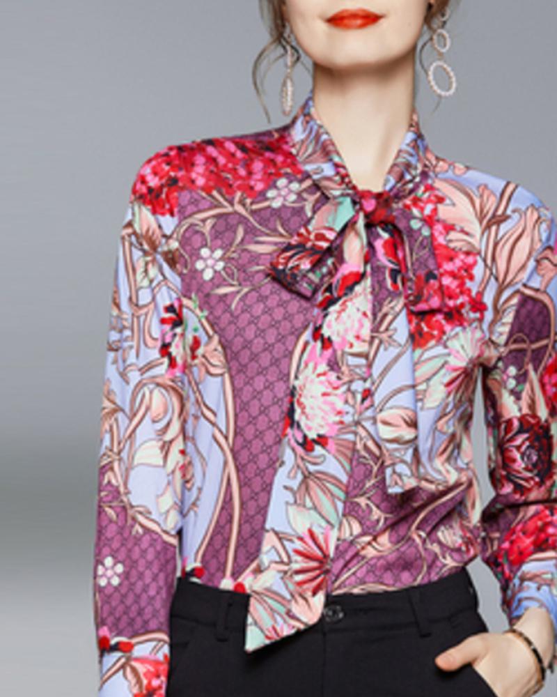 

Floral Print Tie Front Long Sleeve Shirt, Red