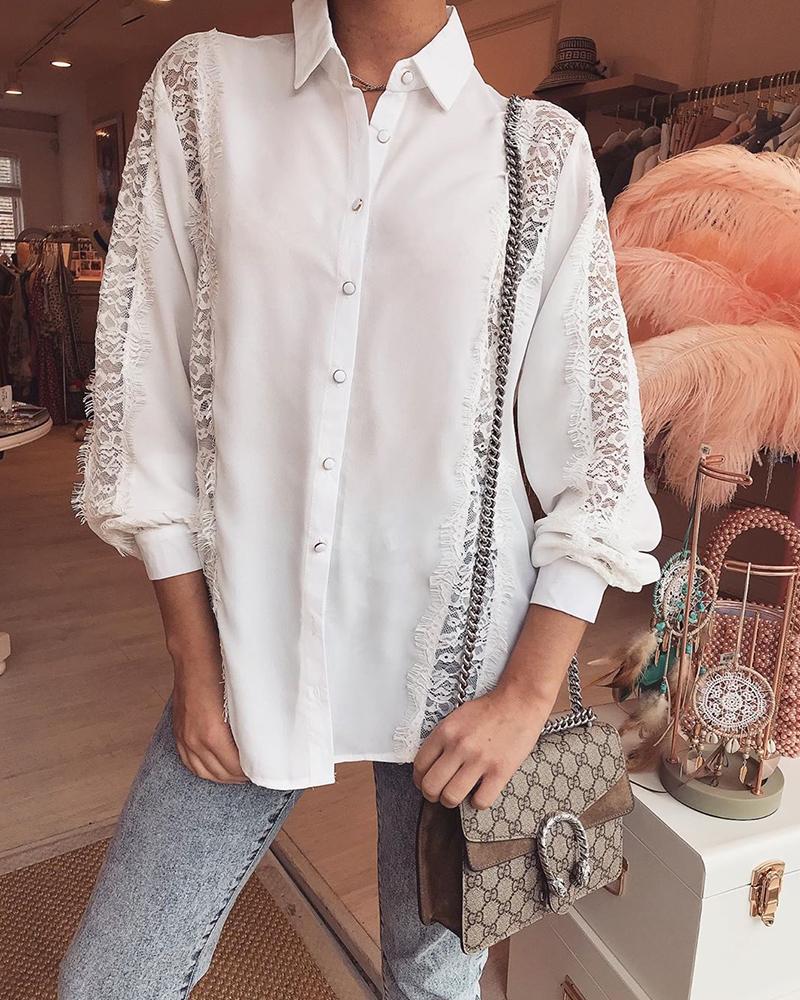 

Lace Insert Button-Up Shirt, White
