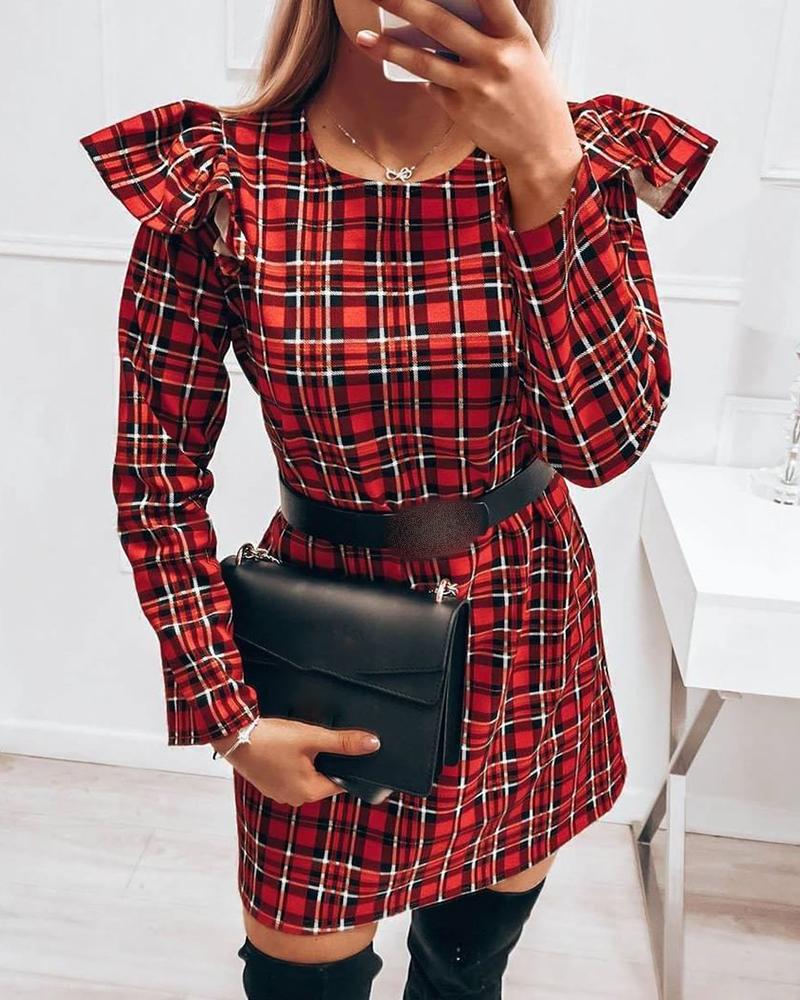 

Ruffle Hem Plaid Long Sleeve Dress, Red