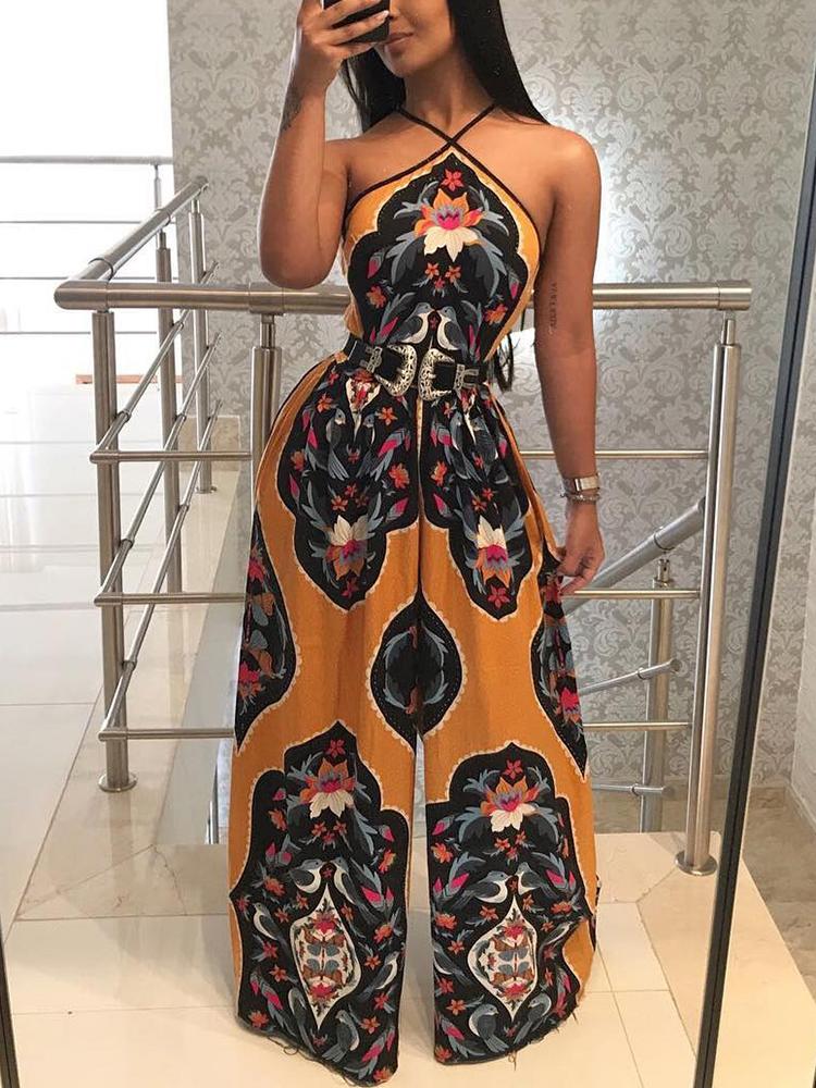 

Halter Vintage Paisley Print Wide Leg Jumpsuit, Multicolor