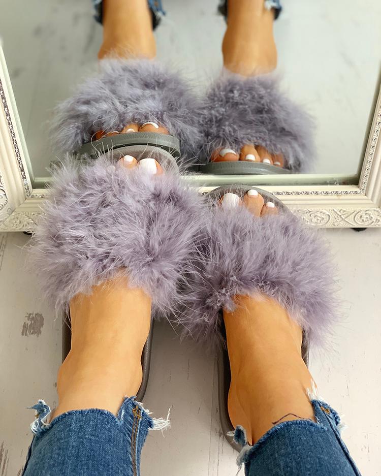 

Open Toe Fluffy Embellished Flat Sandals