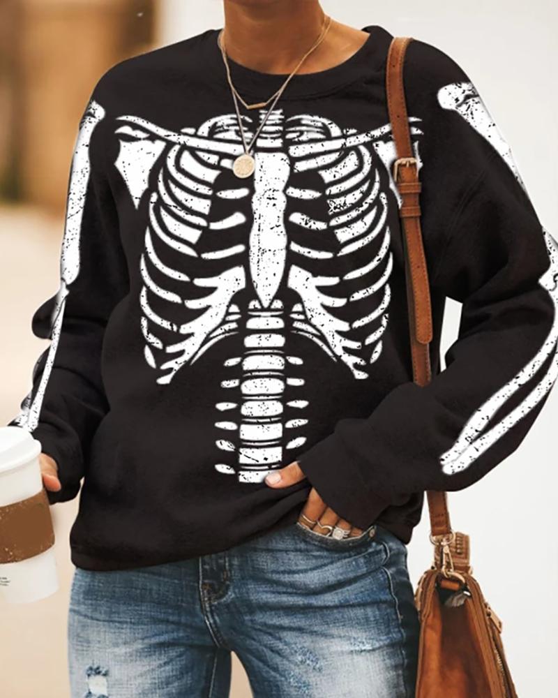

Halloween Skull Print Long Sleeve Sweatshirt, Black