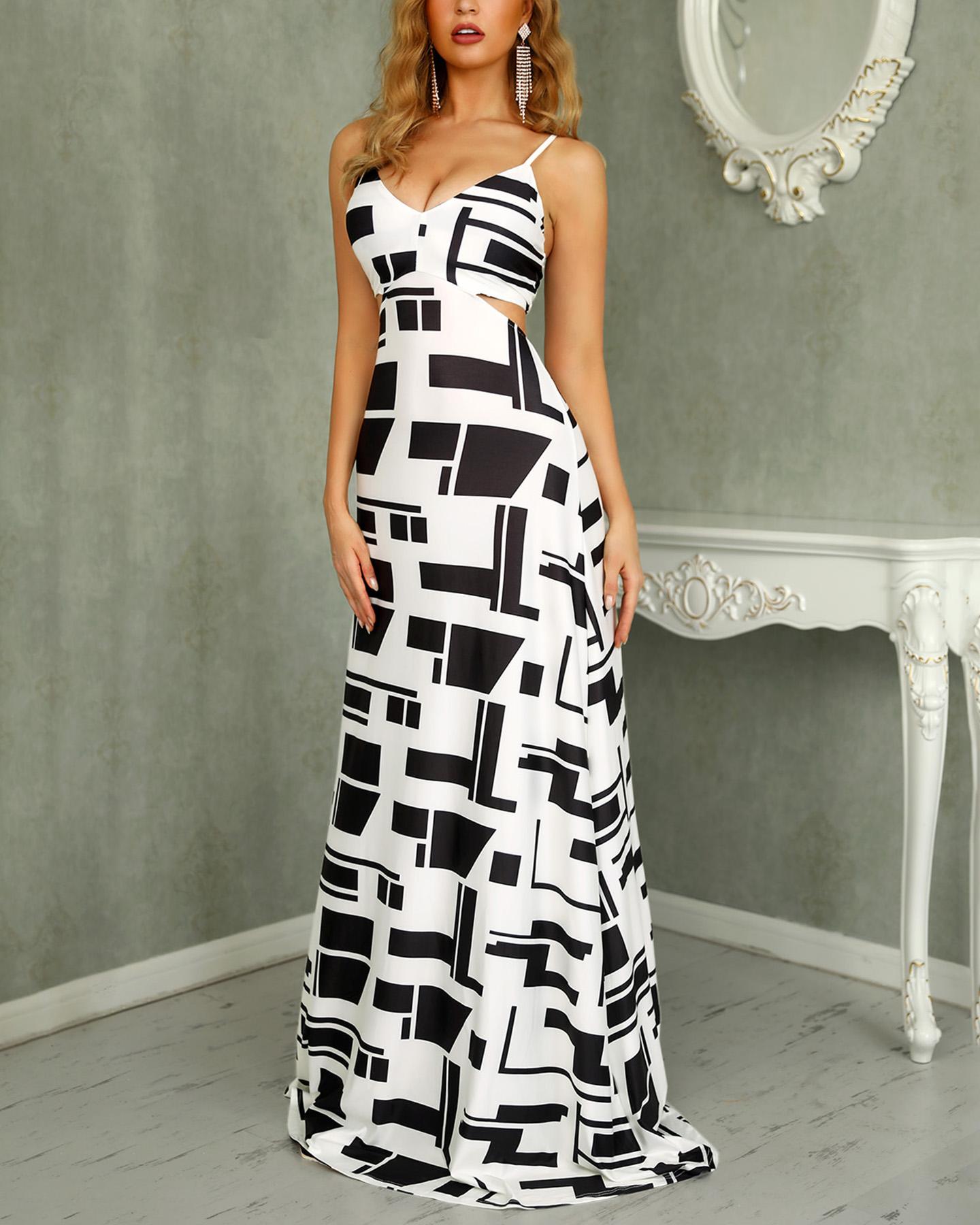 

Spaghetti Strap Geo Color Lump Print Maxi Dress, Black