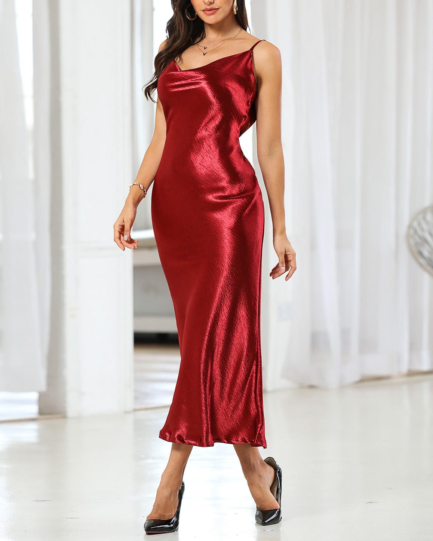 

Spaghetti Strap Drape Neck Open Back Dress, Wine red