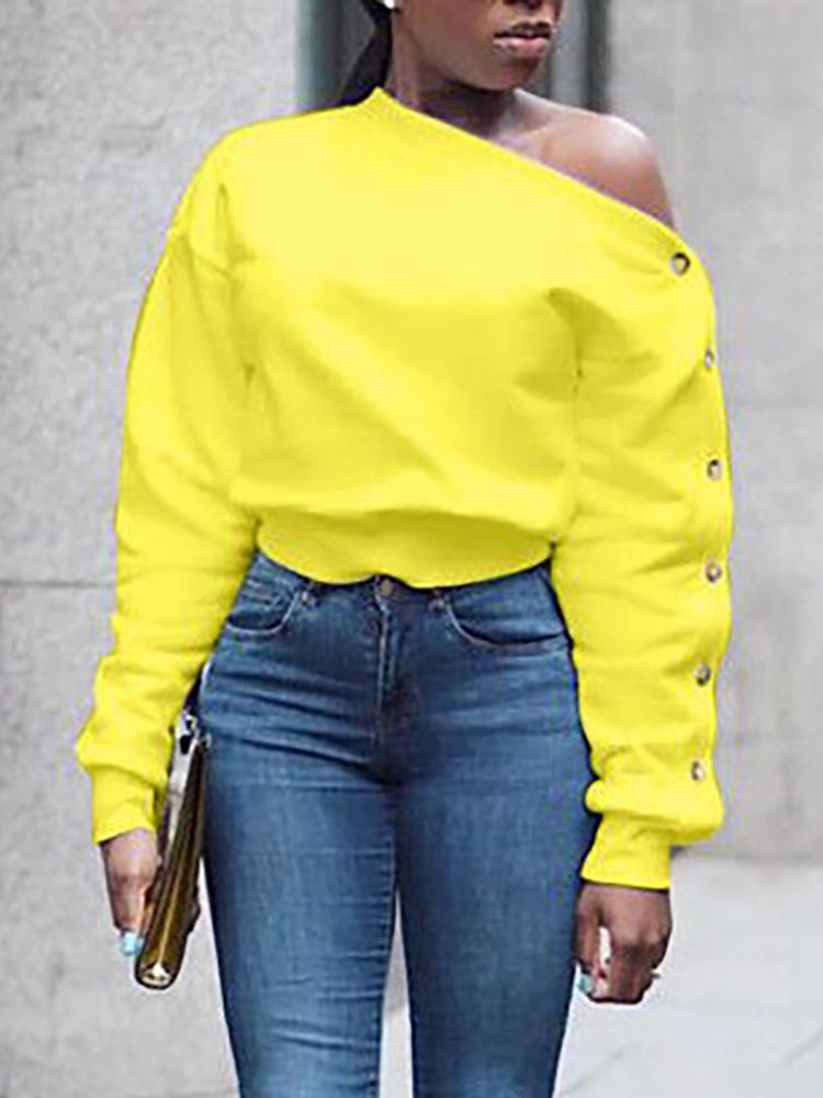 

Solid Skew Neck Bouuton Design Sweatshirt