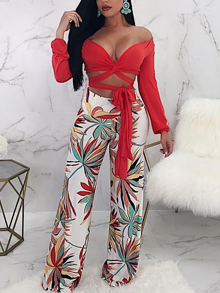 

High Waist Leaf Print Wide Leg Pants, White