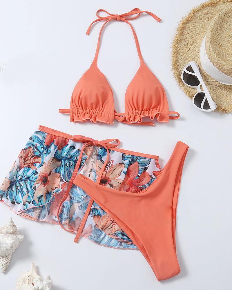 

3PCS Halter Ruffles Bikini Set With Tropical Print Cover Up, Pink