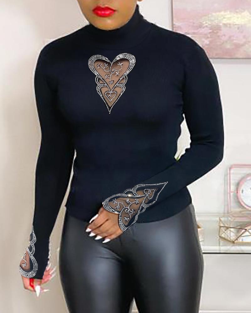

Heart Pattern Studded Sheer Mesh Top, Black