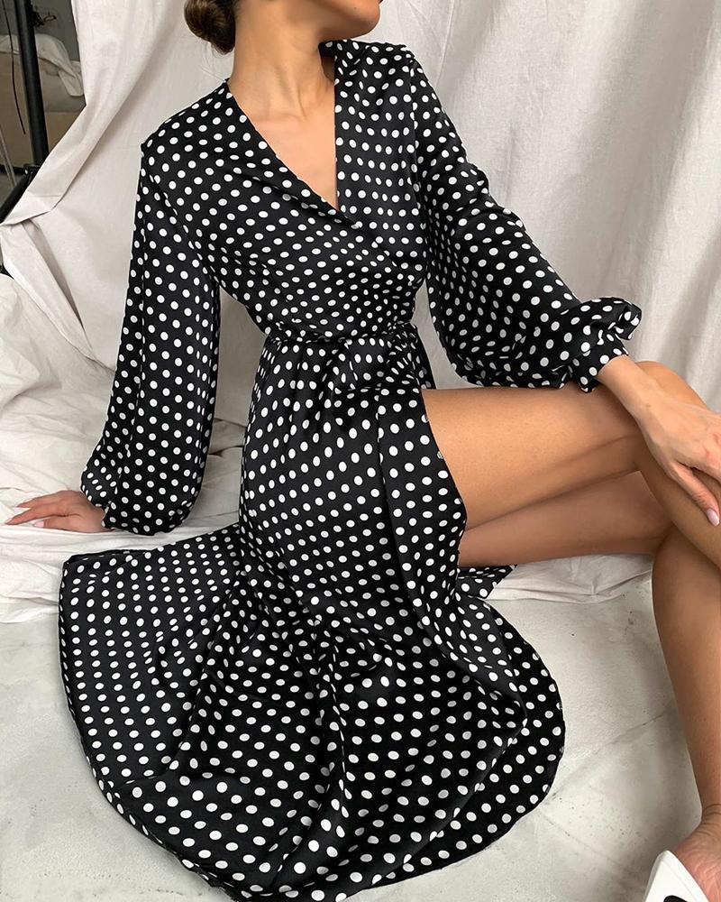 

Polkadot Print Lantern Sleeve Casual Dress, Black