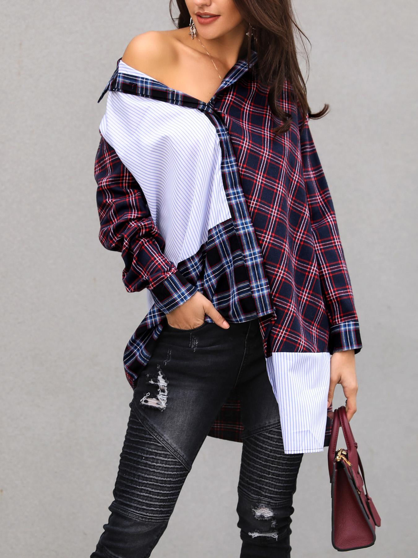 

Colorful Plaid Splicing Casual Shirt, Red