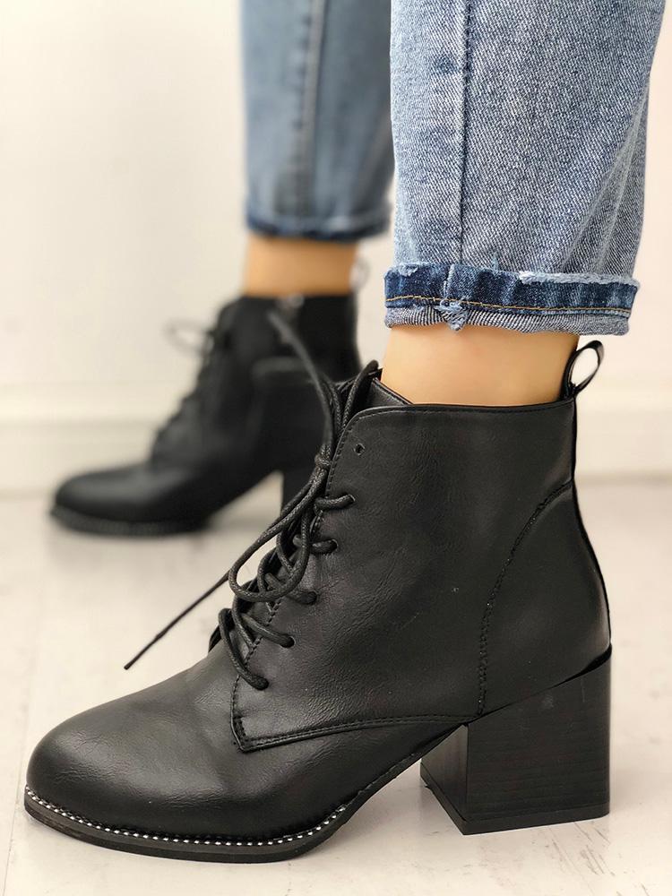 

Lace-Up Side Zipper Up Chunky Heeled Boots, Black